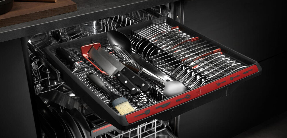 Zmywarka AEG FSE74707P szuflada MaxiFlex sztućce przybory kuchenne ruchome przegródki głęboka szuflada