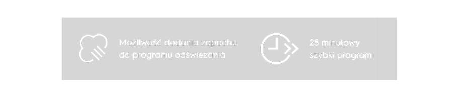 Obraz przedstawia dwa symbole z tekstem: \'Możliwość dodania zapachu do programu odświeżania\' oraz \'25 minutowy szybki program\'.