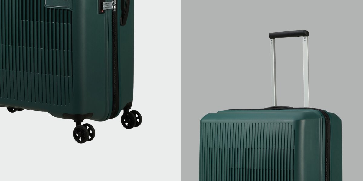 WALIZKA AMERICAN TOURISTER AEROSTEP SPINNER 77 28 DARK FOREST kółka uchwyt zbliżenie konstrukcja Wygodne prowadzenie płynne ciche poruszanie spobodne prowadzenie sztywna bryła cztery podwójne obrotowe kółka