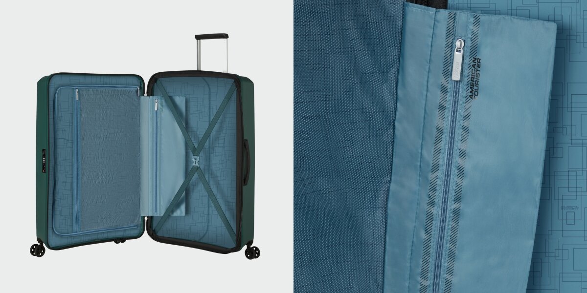 WALIZKA AMERICAN TOURISTER AEROSTEP SPINNER 77 28 DARK FOREST otwarta zamek kieszenie wnętrze środek pasy Przemyślane wnętrze wykorzystanie przestrzeni praktyczne elastyczne pasy stabilizujące zamykana przegroda utrzymanie porządku zabezpieczenie rzeczy transport funkcja poszerzenia