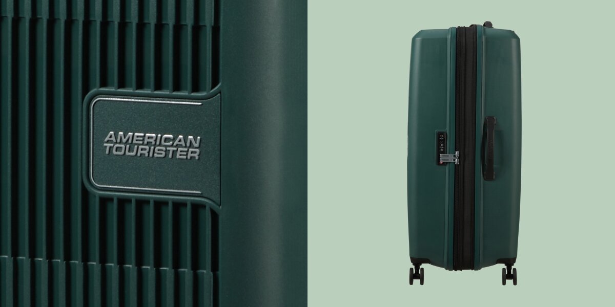 WALIZKA AMERICAN TOURISTER AEROSTEP SPINNER 77 28 DARK FOREST logo napis wnętrze bok Ekologiczna produkcja Zielona energia elektryczna ekologia przyjazna dla środowiska