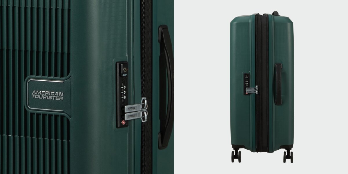 WALIZKA AMERICAN TOURISTER AEROSTEP SPINNER 55 20 DARK FOREST zbliżenie zamek suwak kod zabezpieczenie Solidność i bezpieczeństwo trwałość ochrona wytrzymała konstrukcja polipropylen zamek TSA