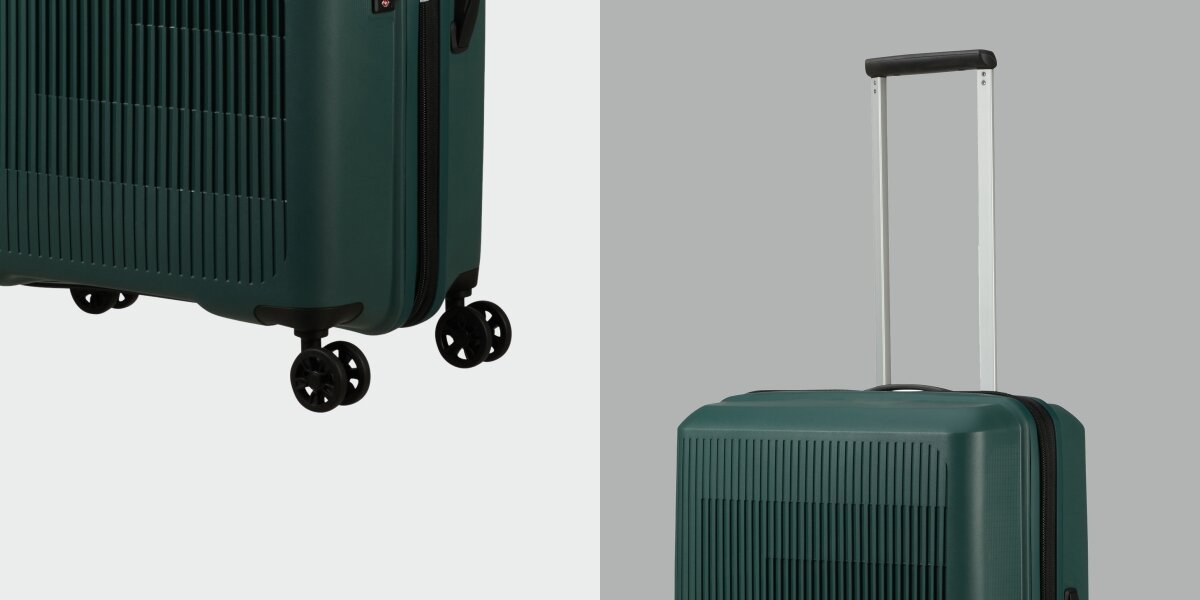 WALIZKA AMERICAN TOURISTER AEROSTEP SPINNER 55 20 DARK FOREST kółka uchwyt zbliżenie konstrukcja Wygodne prowadzenie płynne ciche poruszanie spobodne prowadzenie sztywna bryła cztery podwójne obrotowe kółka