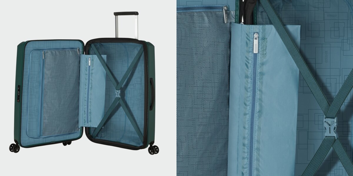 WALIZKA AMERICAN TOURISTER AEROSTEP SPINNER 55 20 DARK FOREST otwarta zamek kieszenie wnętrze środek pasy Przemyślane wnętrze wykorzystanie przestrzeni praktyczne elastyczne pasy stabilizujące zamykana przegroda utrzymanie porządku zabezpieczenie rzeczy transport funkcja poszerzenia