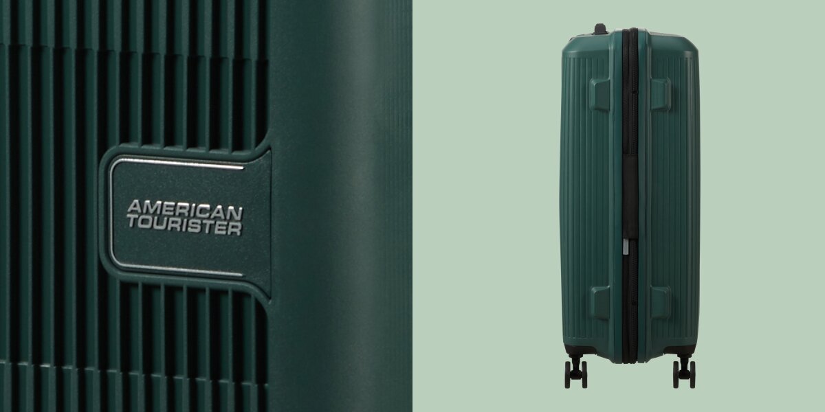 WALIZKA AMERICAN TOURISTER AEROSTEP SPINNER 55 20 DARK FOREST logo napis wnętrze bok Ekologiczna produkcja Zielona energia elektryczna ekologia przyjazna dla środowiska