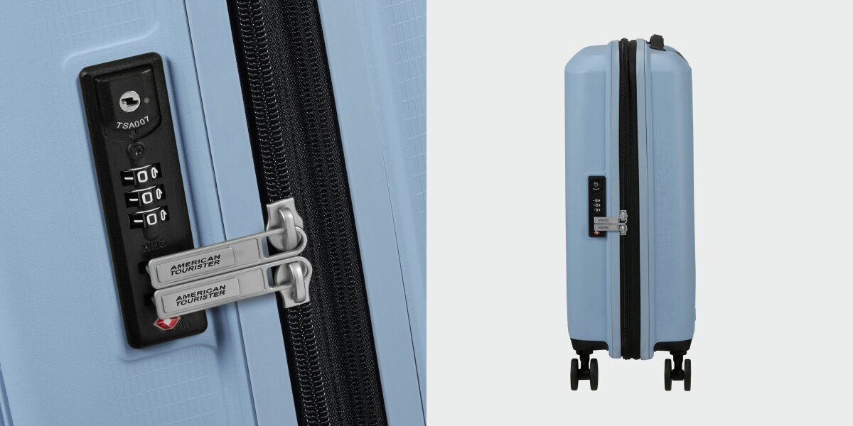 WALIZKA AMERICAN TOURISTER AEROSTEP SPINNER 55 20 SOHO GREY zbliżenie zamek suwak kod zabezpieczenie Solidność i bezpieczeństwo trwałość ochrona wytrzymała konstrukcja polipropylen zamek TSA