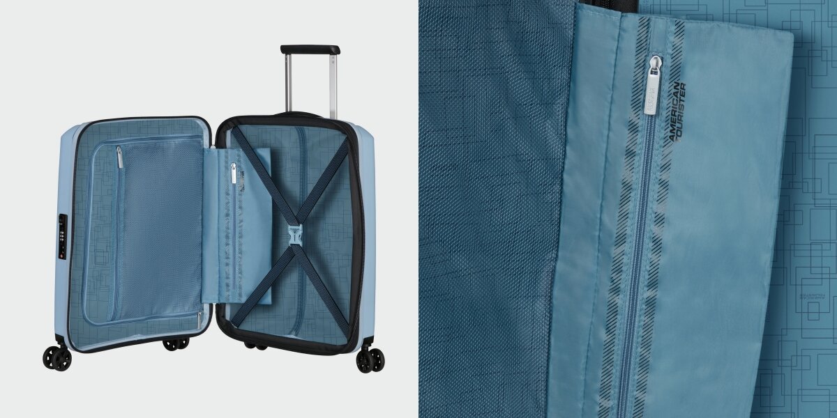 WALIZKA AMERICAN TOURISTER AEROSTEP SPINNER 55 20 SOHO GREY otwarta zamek kieszenie wnętrze środek pasy Przemyślane wnętrze wykorzystanie przestrzeni praktyczne elastyczne pasy stabilizujące zamykana przegroda utrzymanie porządku zabezpieczenie rzeczy transport funkcja poszerzenia
