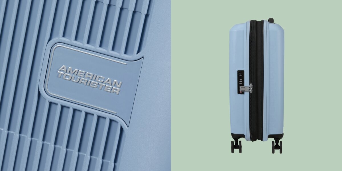 WALIZKA AMERICAN TOURISTER AEROSTEP SPINNER 55 20 SOHO GREY logo napis wnętrze bok Ekologiczna produkcja Zielona energia elektryczna ekologia przyjazna dla środowiska
