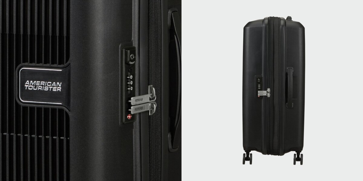 WALIZKA AMERICAN TOURISTER AEROSTEP SPINNER 67 24 BLACK zbliżenie zamek suwak kod zabezpieczenie Solidność i bezpieczeństwo trwałość ochrona wytrzymała konstrukcja polipropylen zamek TSA