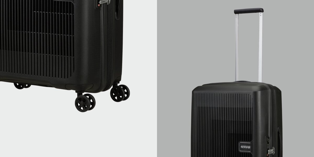 WALIZKA AMERICAN TOURISTER AEROSTEP SPINNER 67 24 BLACK kółka uchwyt zbliżenie konstrukcja Wygodne prowadzenie płynne ciche poruszanie spobodne prowadzenie sztywna bryła cztery podwójne obrotowe kółka