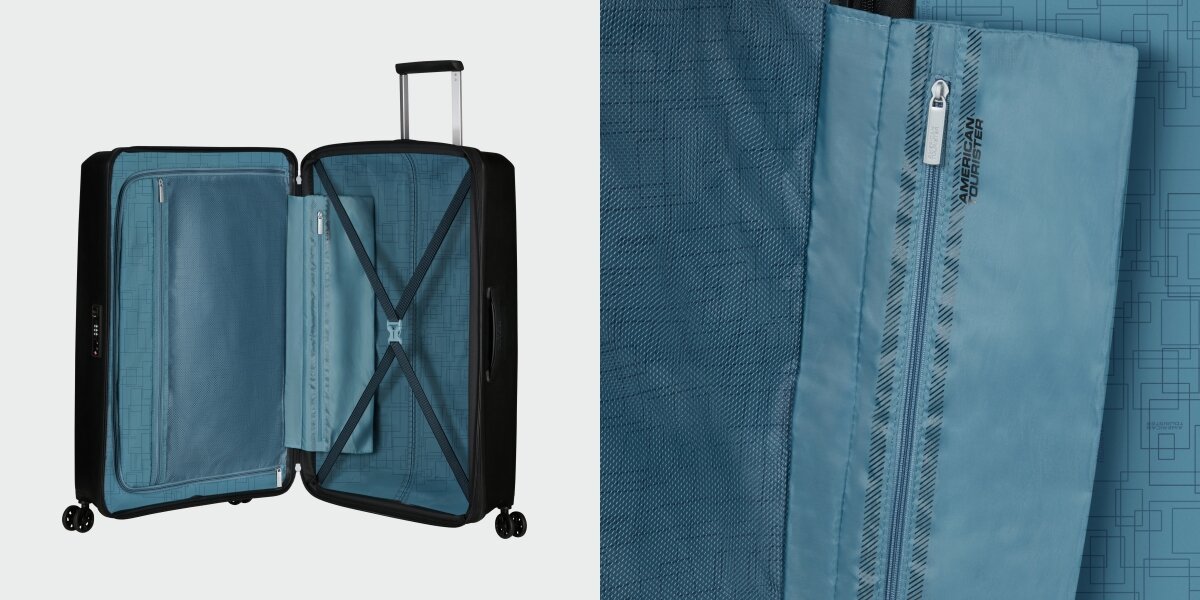 WALIZKA AMERICAN TOURISTER AEROSTEP SPINNER 67 24 BLACK otwarta zamek kieszenie wnętrze środek pasy Przemyślane wnętrze wykorzystanie przestrzeni praktyczne elastyczne pasy stabilizujące zamykana przegroda utrzymanie porządku zabezpieczenie rzeczy transport funkcja poszerzenia