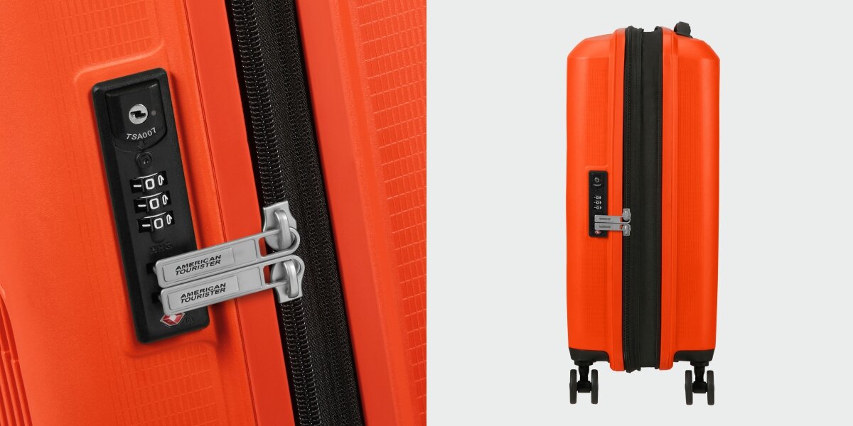 WALIZKA AMERICAN TOURISTER AEROSTEP SPINNER 55 20 BRIGHT ORANGE zbliżenie zamek suwak kod zabezpieczenie Solidność i bezpieczeństwo trwałość ochrona wytrzymała konstrukcja polipropylen zamek TSA