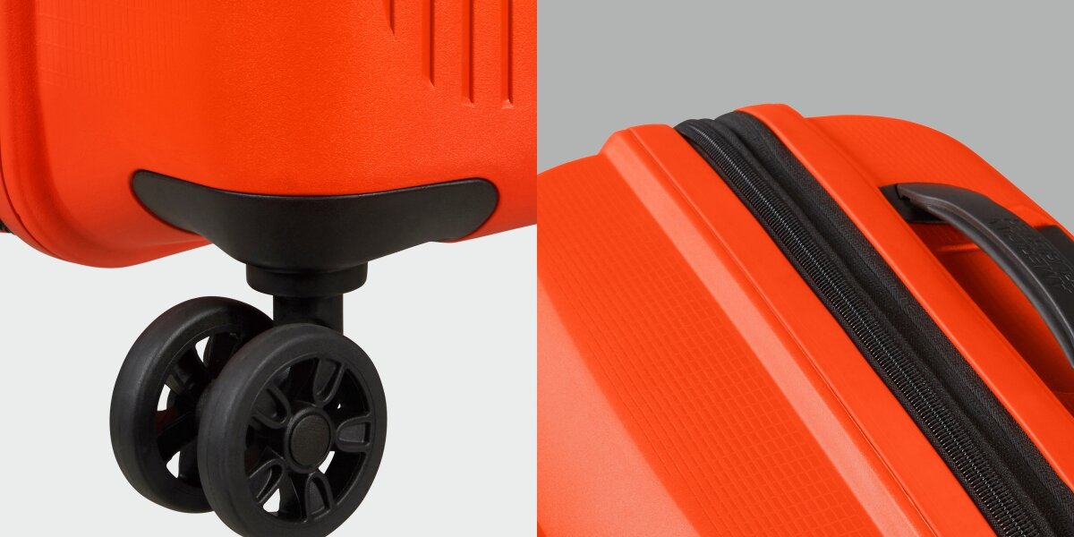 WALIZKA AMERICAN TOURISTER AEROSTEP SPINNER 55 20 BRIGHT ORANGE kółka uchwyt zbliżenie konstrukcja Wygodne prowadzenie płynne ciche poruszanie spobodne prowadzenie sztywna bryła cztery podwójne obrotowe kółka