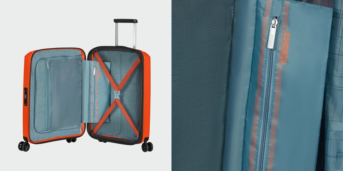 WALIZKA AMERICAN TOURISTER AEROSTEP SPINNER 55 20 BRIGHT ORANGE otwarta zamek kieszenie wnętrze środek pasy Przemyślane wnętrze wykorzystanie przestrzeni praktyczne elastyczne pasy stabilizujące zamykana przegroda utrzymanie porządku zabezpieczenie rzeczy transport funkcja poszerzenia