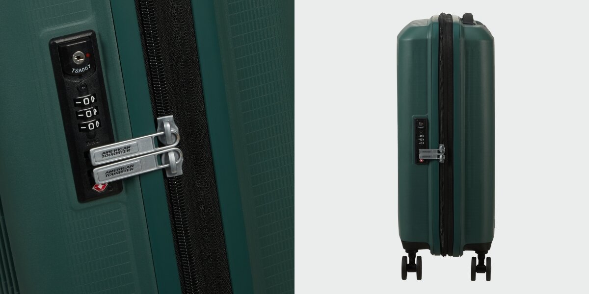 WALIZKA AMERICAN TOURISTER AEROSTEP SPINNER 55 20 DARK FOREST zbliżenie zamek suwak kod zabezpieczenie Solidność i bezpieczeństwo trwałość ochrona wytrzymała konstrukcja polipropylen zamek TSA