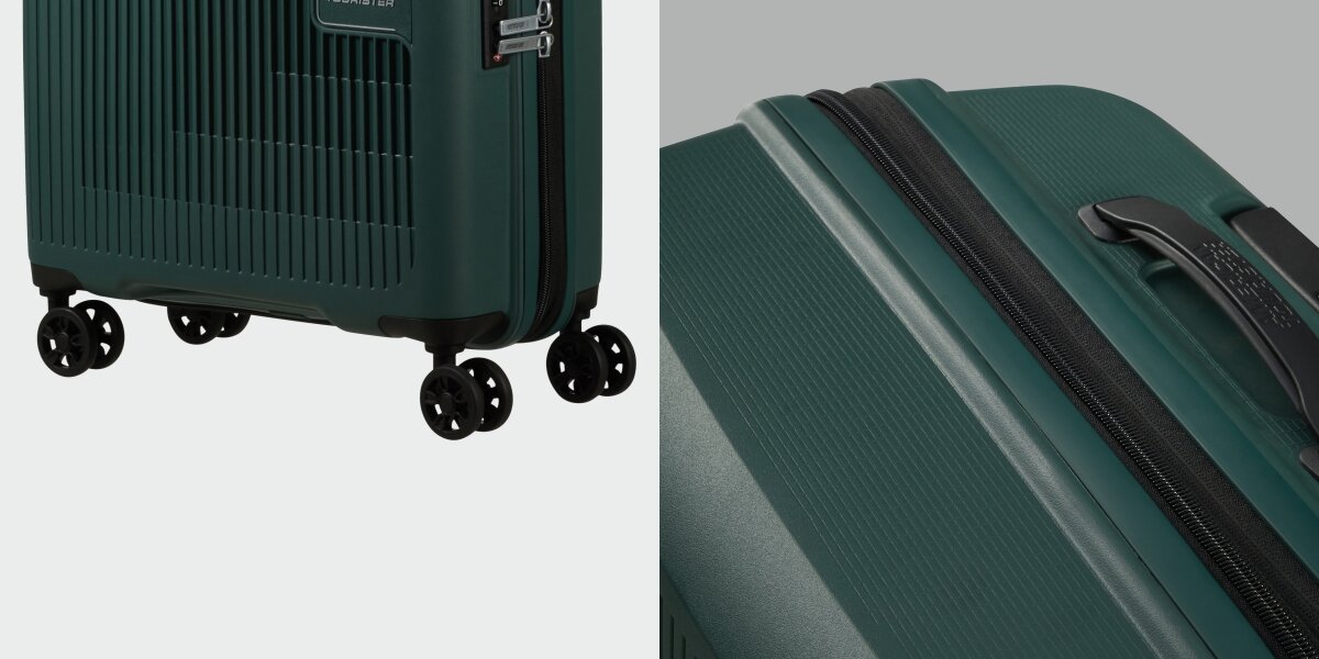 WALIZKA AMERICAN TOURISTER AEROSTEP SPINNER 55 20 DARK FOREST kółka uchwyt zbliżenie konstrukcja Wygodne prowadzenie płynne ciche poruszanie swobodne prowadzenie sztywna bryła cztery podwójne obrotowe kółka