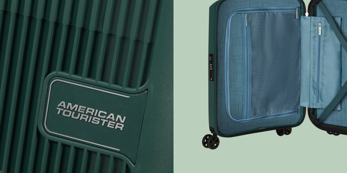 WALIZKA AMERICAN TOURISTER AEROSTEP SPINNER 55 20 DARK FOREST logo napis wnętrze bok Ekologiczna produkcja Zielona energia elektryczna ekologia przyjazna dla środowiska