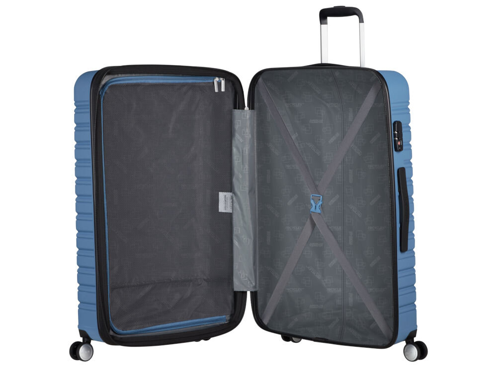 Walizka AMERICAN TOURISTER Flashline 78 cm niebieski przemyślane wnętrze z praktycznymi przegrodami i pasami mocującymi