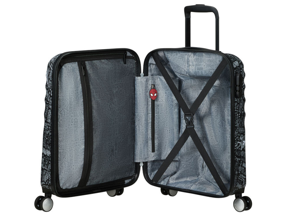 Walizka AMERICAN TOURISTER Wavebreaker Marvel Spiderman Sketch 55 cm Czarny pojemność 36 l przemyślane wnętrze z praktycznymi przegrodami i pasami mocującymi