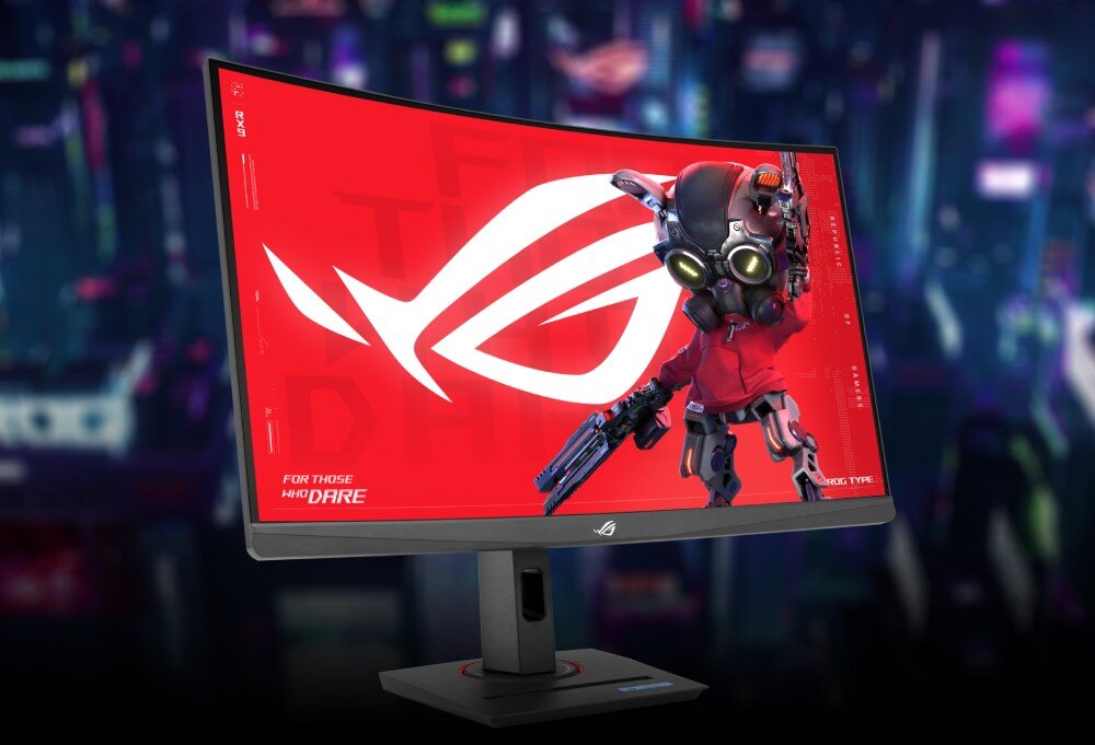 Monitor ASUS ROG Strix XG27WCMS Wyświetlacz pokazujący postać w masce i czerwonej odzieży na kontrastowym tle