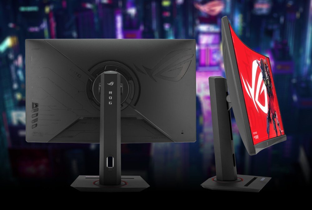 Monitor ASUS ROG Strix XG27WCMS Zestawienie widoku tylnej obudowy monitora z geometrycznymi wzorami oraz jego profilu bocznego