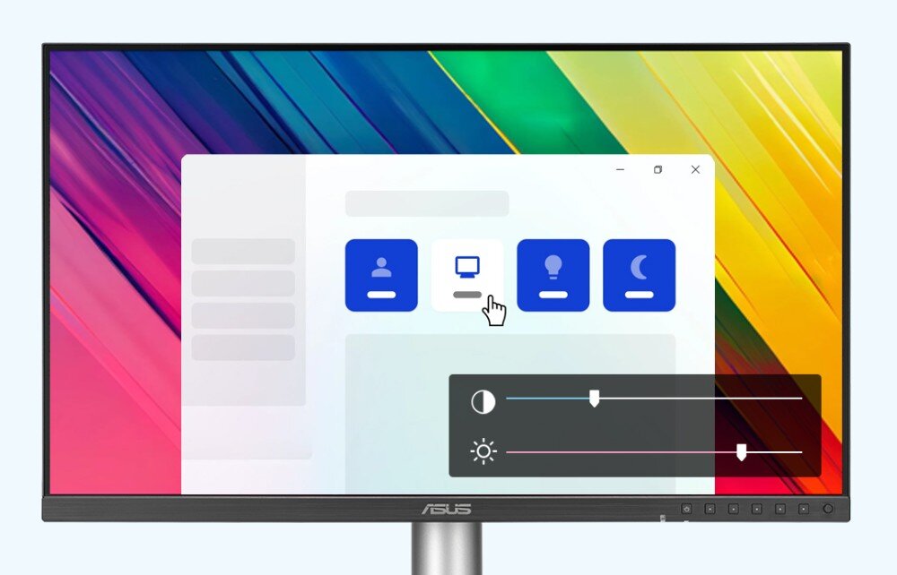 Monitor ASUS ProArt PA278CFRV Monitor z wyświetlonym kolorowym interfejsem ustawień. Na ekranie znajdują się suwaki jasności i kontrastu oraz ikony odpowiadające różnym trybom pracy, aplikacja, funkcje, narzędzia, tryby