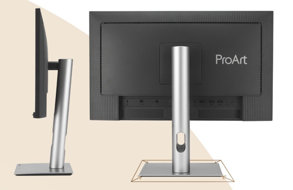 Monitor ASUS ProArt PA278CFRV Dwa monitory ustawione obok siebie: jeden tyłem, drugi bokiem, wielkość, budowa, głośniki, ekologia