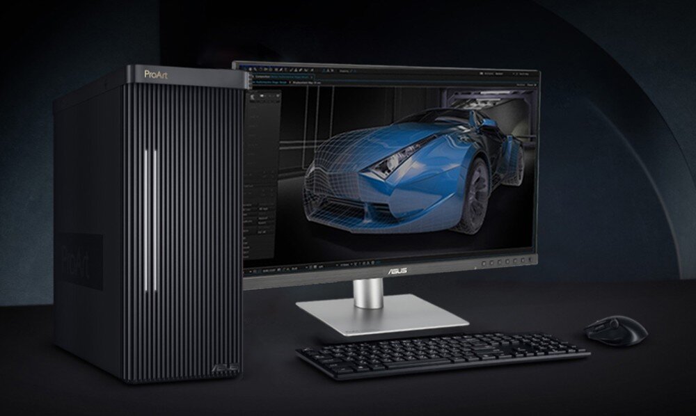 Monitor ASUS ProArt PA278CFRV Zestaw komputerowy z jednostką centralną i monitorem z wyświetlonym modelem 3D samochodu sportowego w programie graficznym, odświeżanie, synchronizacja Adaptive-Sync
