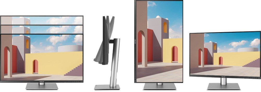 Monitor ASUS ProArt PA278CFRV Cztery widoki monitora z różnymi pozycjami ekranu: pełna wysokość, widok z boku przy regulacji nachylenia, ustawienie pionowe oraz pozycja nisko osadzona, regulacja, podstawa, wygoda, VESA