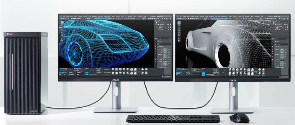 Monitor ASUS ProArt PA278CFRV Konfiguracja dwóch monitorów połączonych z jedną jednostką centralną, każdy z wyświetlonym projektem 3D nadwozia samochodu, porty, gniazda, podłaczenie