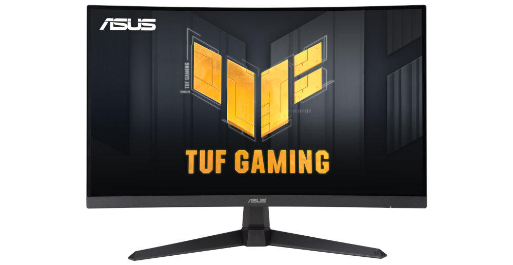 Monitor ASUS TUF Gaming VG27VQM1B 27 cali 1920x1080px 280Hz 1 ms [GTG] Curved prezentacja monitora od przodu na białym tle na ekranie napis TUF GAMING logo oraz nazwa firmy 27 cali rozdzielczość odświeżanie czas reakcji ELMB płynność ostry obraz