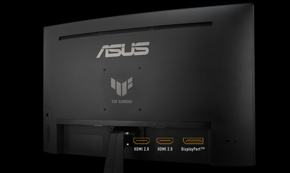 Monitor ASUS TUF Gaming VG27VQM1B 27 cali 1920x1080px 280Hz 1 ms [GTG] Curved prezentacja monitora od tyłu na czarnym tle z zaznaczonymi portami