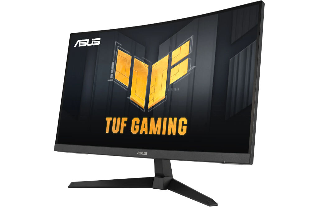 Monitor ASUS TUF Gaming VG27VQM1B 27 cali 1920x1080px 280Hz 1 ms [GTG] Curved prezentacja monitora od przodu pod kątem na białym tle dwa głośniki 2W bez potrzeby podłączania dodatkowego sprzętu audio