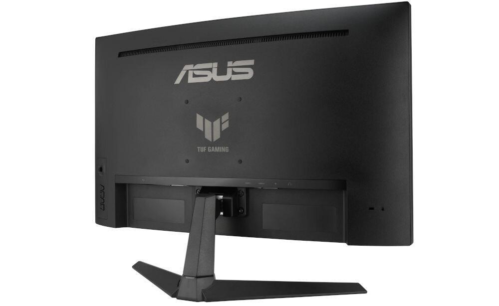 Monitor ASUS TUF Gaming VG27VQM1B 27 cali 1920x1080px 280Hz 1 ms [GTG] Curved prezentacja monitora od tyłu pod kątem na białym tle VESA 100 mm łatwe stabilne przymocowanie oszczędność miejsca uchwyt biurkowy VESA zwiększa powierzchnię roboczą dopasowanie ustawienia ekranu organizacja pracy