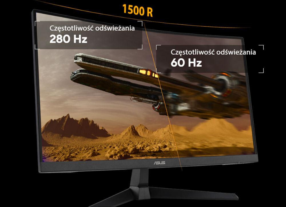 Monitor ASUS TUF Gaming VG27VQM1B 27 cali 1920x1080px 280Hz 1 ms [GTG] Curved porównanie częstotliwości odświeżania 280 Hz i 60 Hz na ekranie lecący statek kosmiczny czarne tło odświeżanie pozbycie się opóźnień i efektów rozmycia przewaga