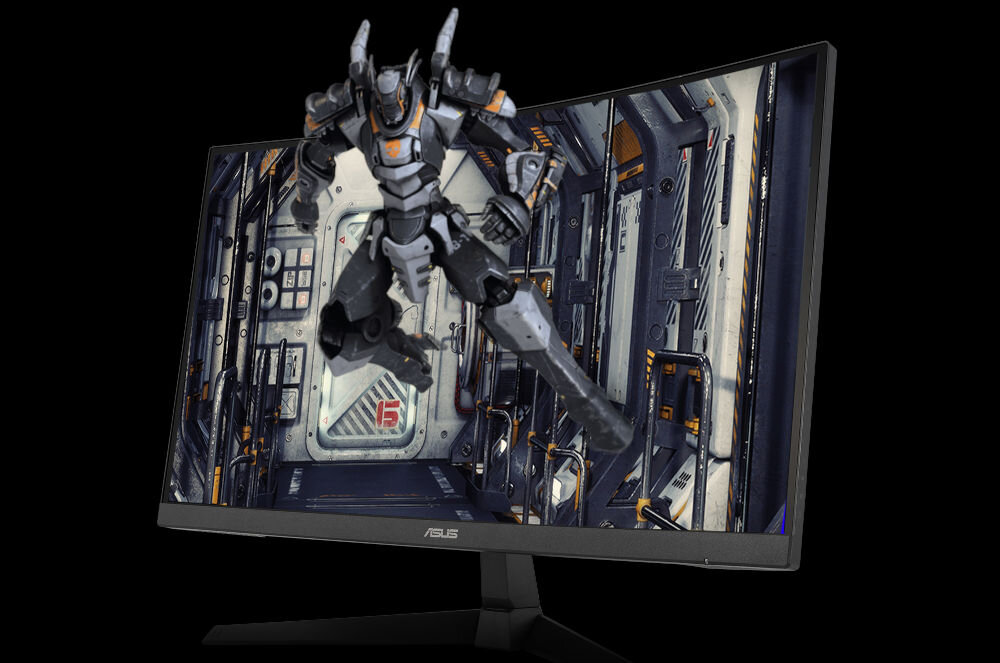 Monitor ASUS TUF Gaming VG27VQM1B 27 cali 1920x1080px 280Hz 1 ms [GTG] Curved prezentacja monitora z wychodzącym z ekranu robotem pokazane wnętrze statku kosmicznego za monitorem czarne tło ELMB brak smużenia i rozmycia płynność responsywność