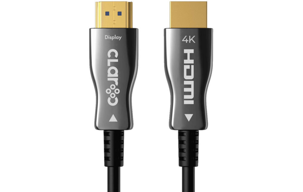 Kabel optyczny HDMI - HDMI CLAROC 20 m HDMI 2.1 8K 60Hz 4K 120Hz oplot pozłacane wtyki, kabel od frontu na białym tle