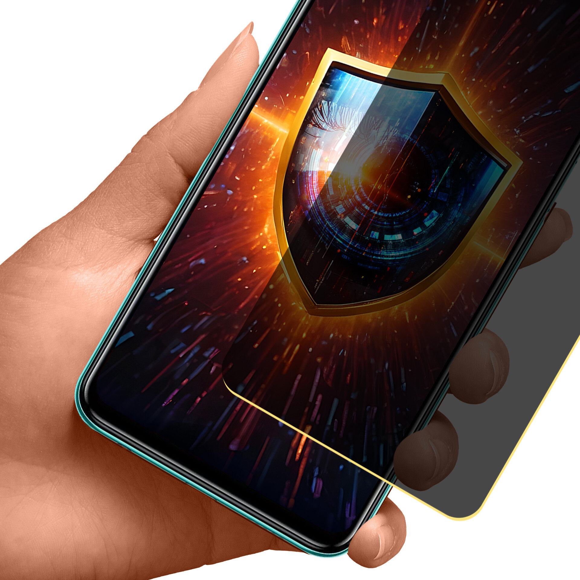 Osoba trzyma smartfon z wyświetlaczem, na którym widoczna jest grafika tarczy z efektem świetlnym. Na ekranie znajduje się półprzezroczysta osłona ochronna.