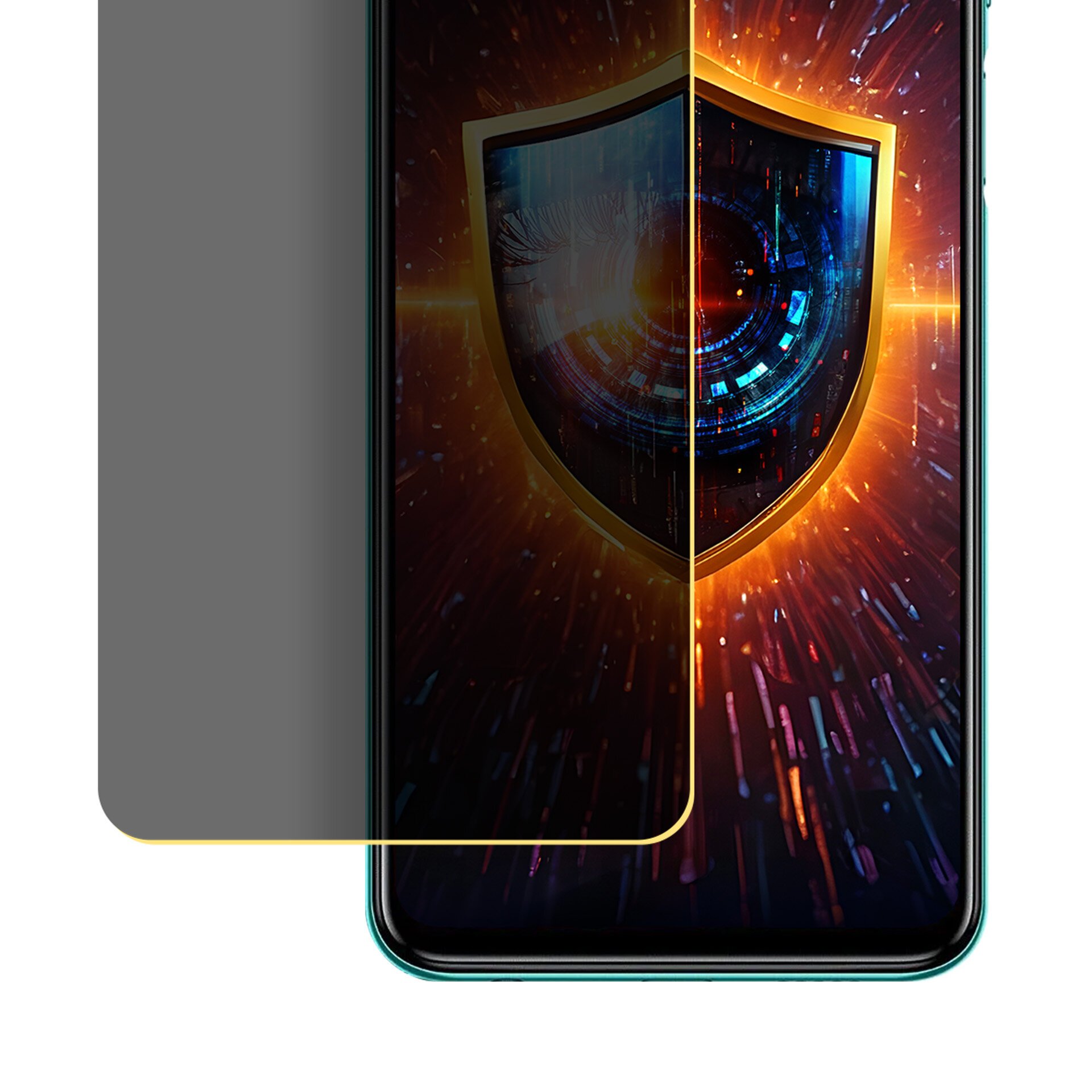 Obraz przedstawia telefon z nałożoną matową folią ochronną, która częściowo zasłania ekran. Na ekranie widoczna jest grafika z tarczą i efektami świetlnymi.