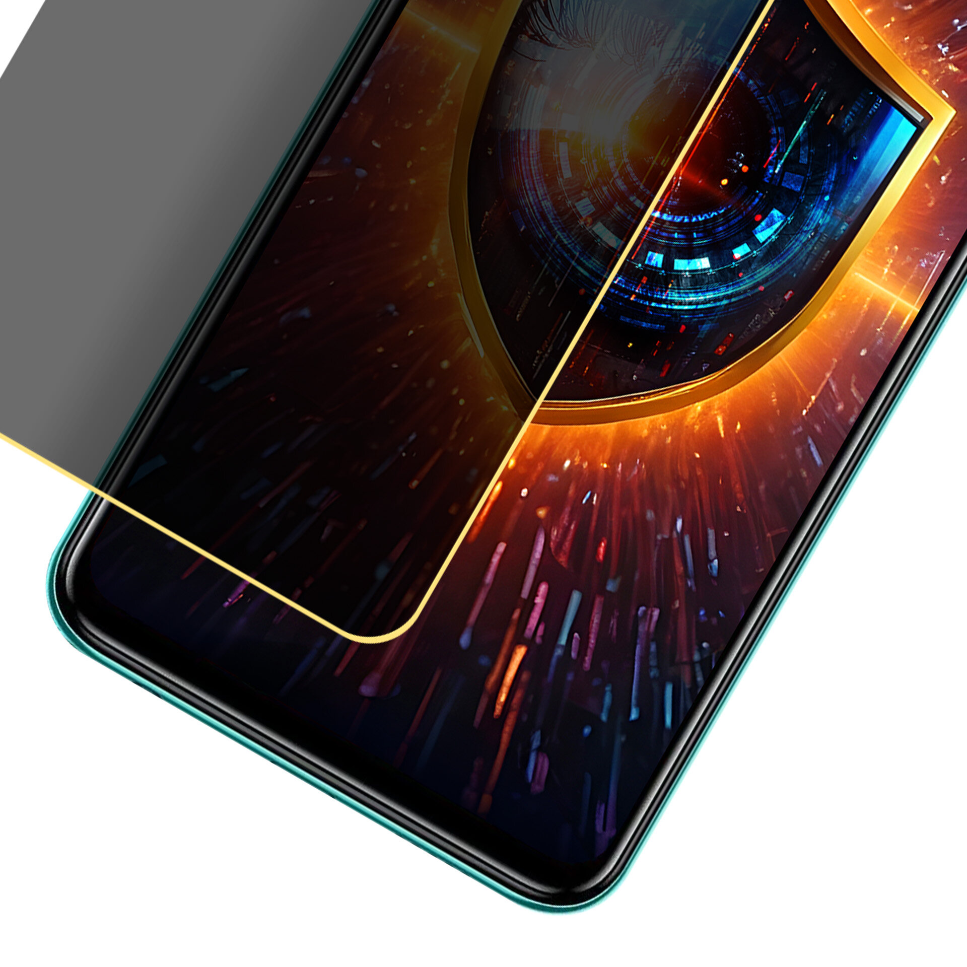 Obraz przedstawia smartfon z nałożoną matową folią ochronną, która częściowo zasłania ekran. Na ekranie widoczna jest grafika z motywem tarczy i cyfrowych efektów świetlnych.
