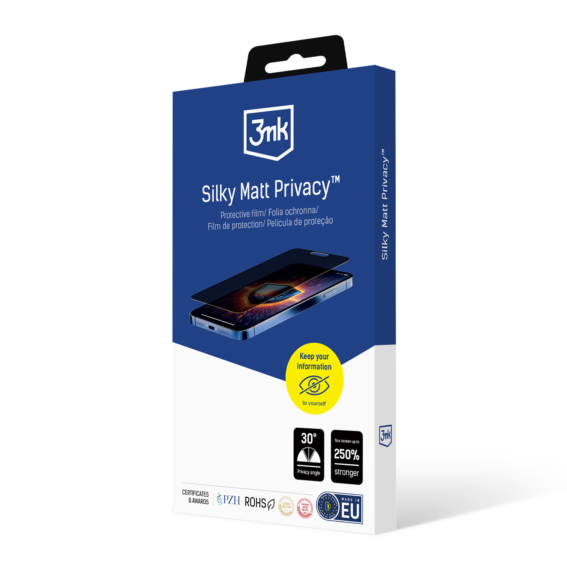 Opakowanie produktu 3mk Silky Matt Privacy z grafiką telefonu i tekstem: \'Protective film/Folia ochronna/Film de protection/Película de protección\'. Widoczne są również ikony i napisy dotyczące kąta prywatności 30° oraz wzmocnienia o 250%.