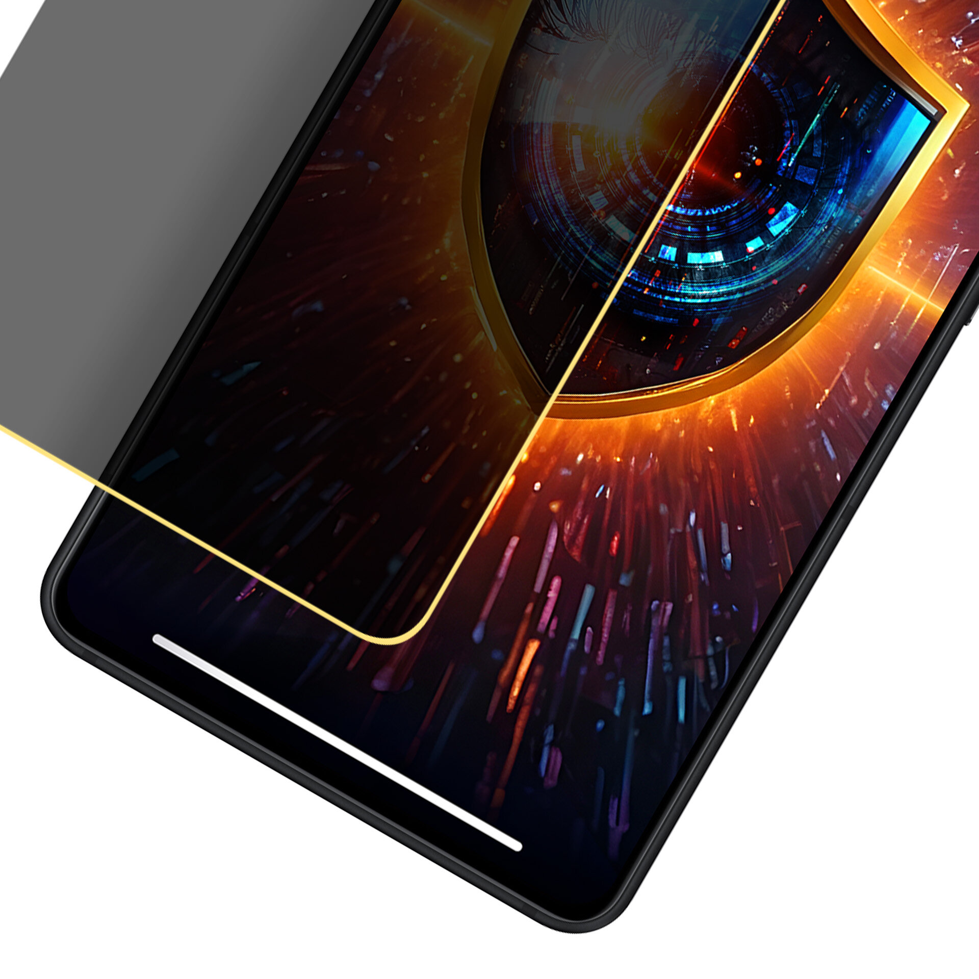 Obraz przedstawia telefon z nałożoną matową folią ochronną, która częściowo zasłania ekran. Na ekranie widoczna jest grafika z motywem technologicznego oka otoczonego kolorowymi promieniami.