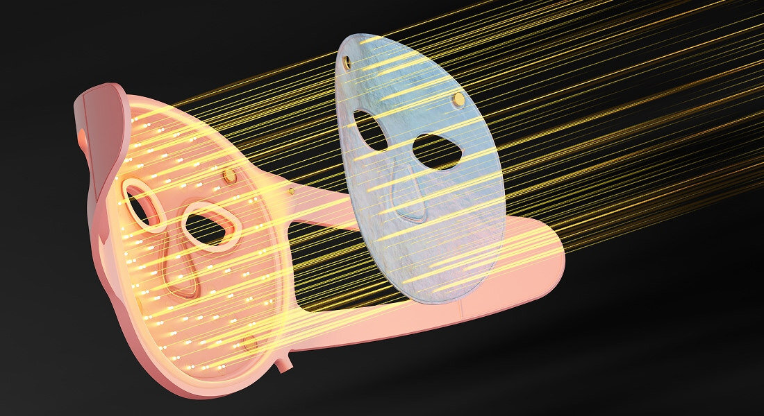 Maska LED do twarzy BEAUTIFLY Aura Glam Pięć długości fal światła Niebieskie 415 nm Żółte 605 nm Czerwone 630 nm Intensywne czerwone 660 nm Bliska podczerwień 880 nm