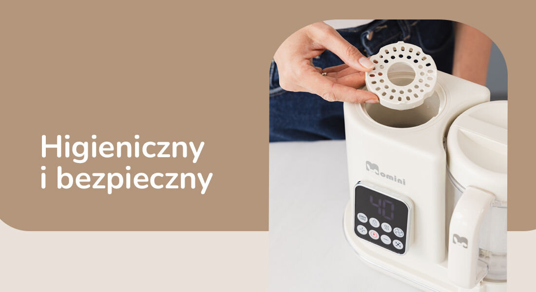 MOMINI Minichef parni multiblender, starševska ključavnica, zapiranje, avtomatsko čiščenje