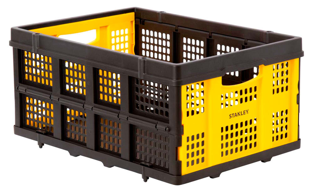 Skrzynka składana STANLEY SXWT-FT505-PDQ 5 szt. skrzynka na białym tle widoczna od przodu pod skosem zestaw 5 składanych skrzynek przechowywanie transport udźwig do 25 kg do użytku w domu w warsztacie w samochodzie organizacja przestrzeni