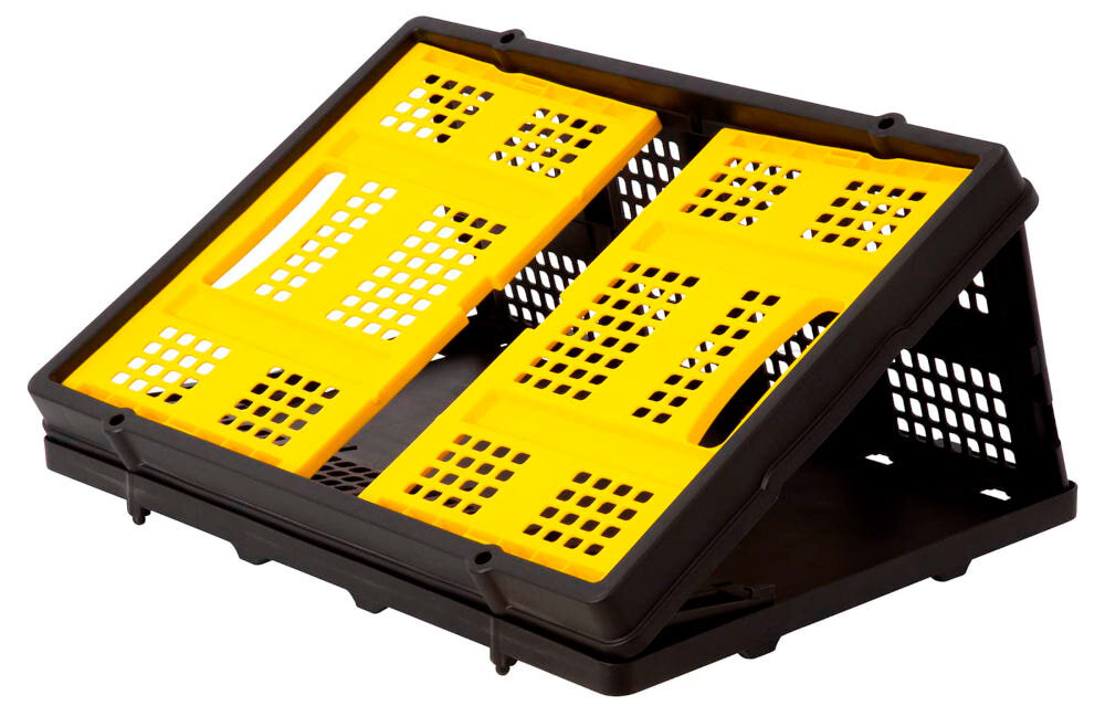 Skrzynka składana STANLEY SXWT-FT505-PDQ 5 szt. skrzynka na białym tle w połowie złożona specjalne punkty łączenia stabilne ustawianie jej na wózkach platformowych lub ręcznych