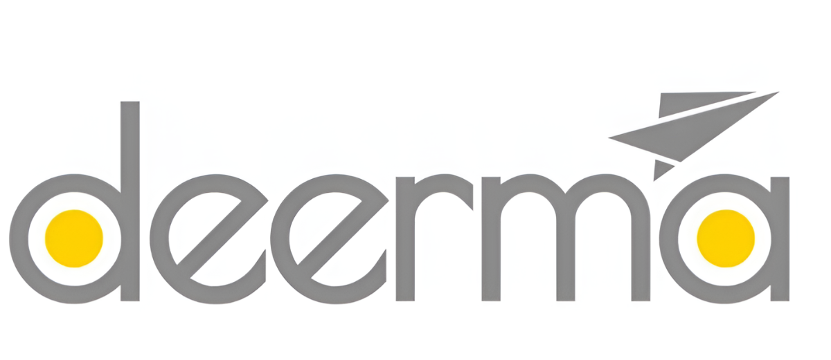 Logo z napisem \'deerma\' w szarym kolorze, z żółtymi kropkami w literach \'d\' i \'a\'. Obok litery \'a\' znajduje się szary symbol przypominający papierowy samolot.