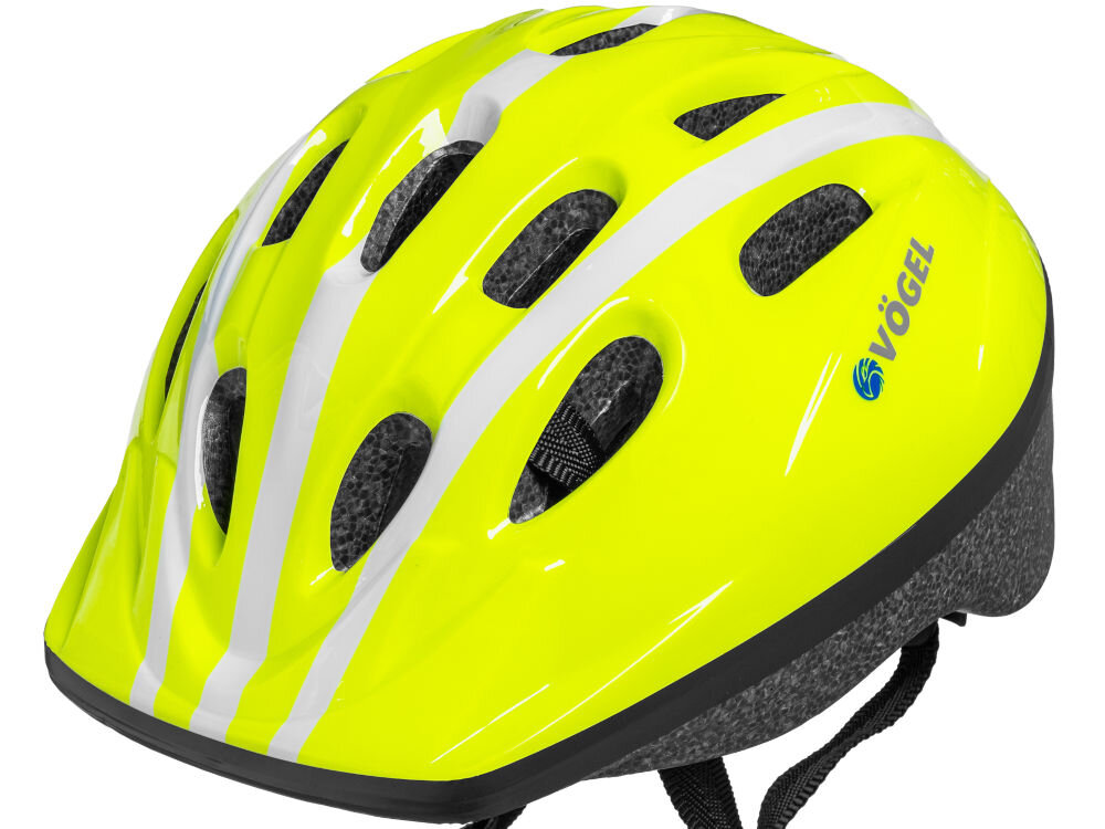 Kask rowerowy VÖGEL VKA-910MTSGNS Limonkowy dla Dzieci (rozmiar S) skosem do przodu widoczme otwory wentylacyjne i logo VÖGEL