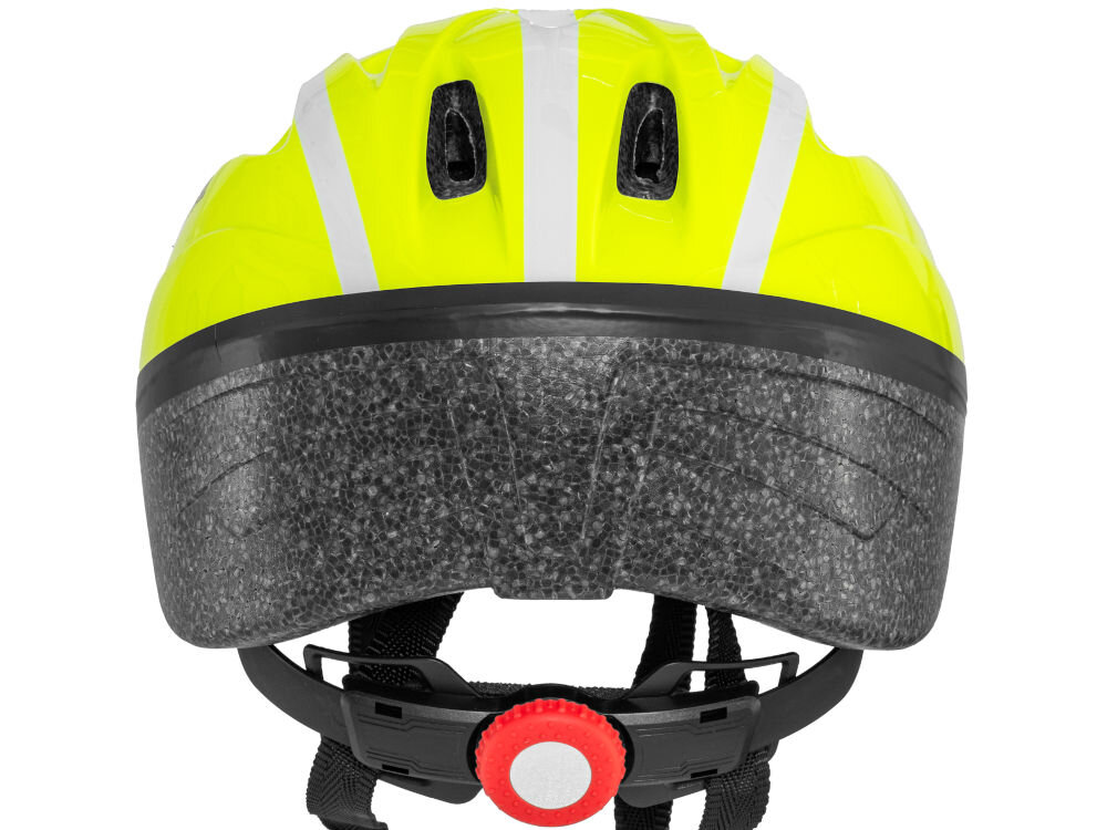 Kask rowerowy VÖGEL VKA-910MTSGNS Limonkowy dla Dzieci (rozmiar S) tył kasku z czerwono-białym pokrętłem regulacji