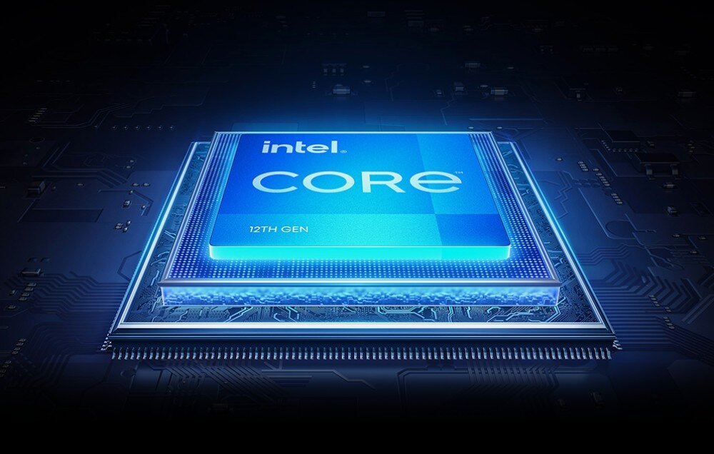 Komputer CHUWI CoreBox CWI601K2 Grafika przedstawiająca procesor Intel Core 12. generacji z błękitnym podświetleniem, umieszczony na ciemnej płycie głównej, procesor, rdzenie, wydajność